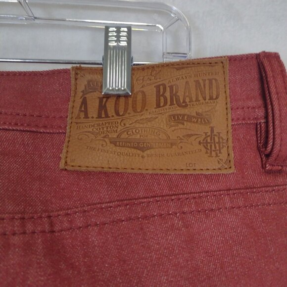 AKOO Mens Red Denim Jeans Straight Leg 36in X 33in Embroidered Pockets - Picture 8 of 14